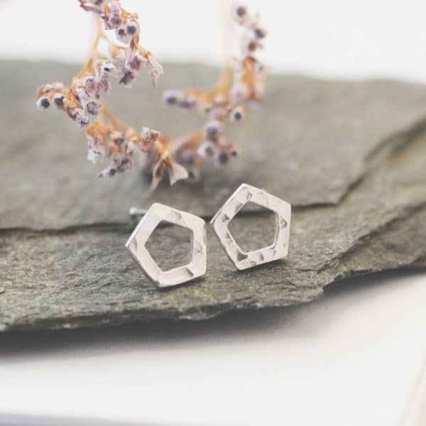 Silver pentagon earrings, hammered finish
