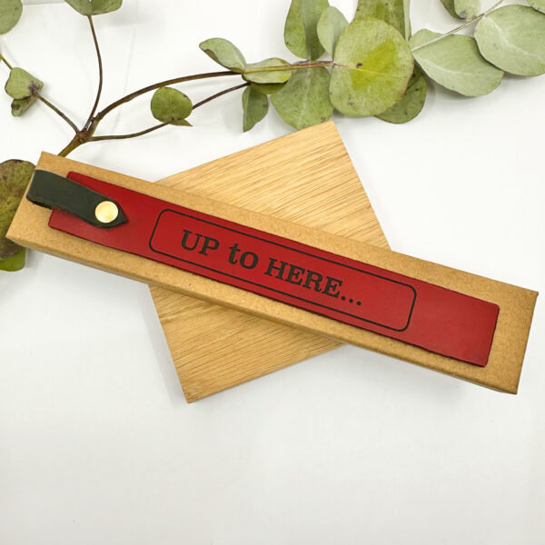 ‘Up to here’ leather bookmark