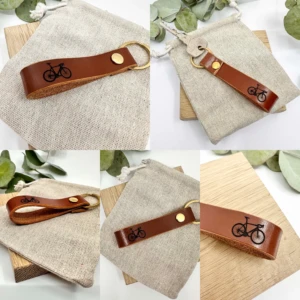 A selection of images of Heather Scott's leather bike keyring.