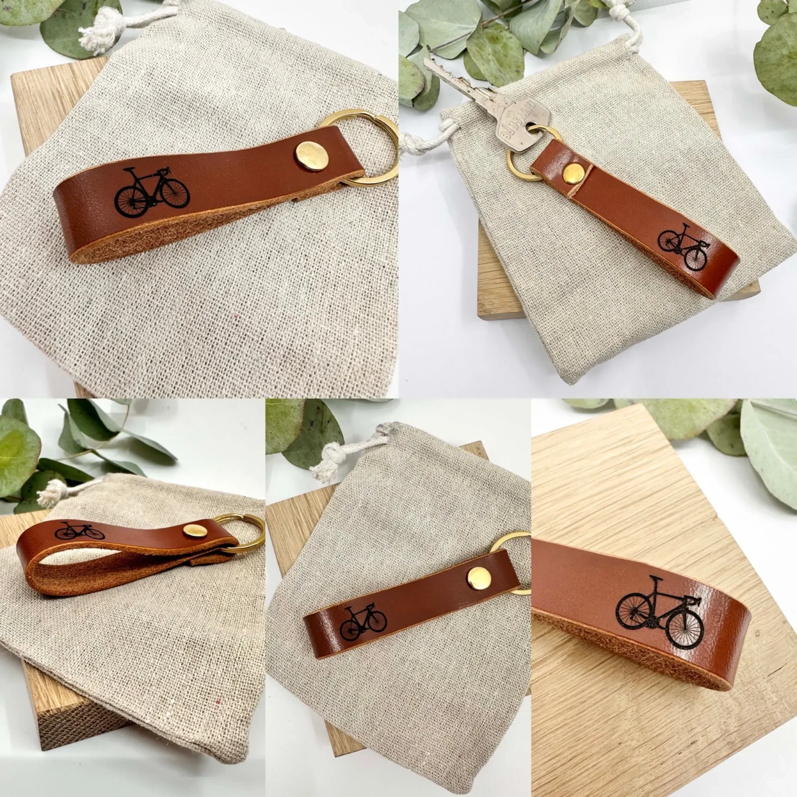 A selection of images of Heather Scott's leather bike keyring.