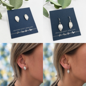 Handmade sterling silver leaf earrings, a selection of images.